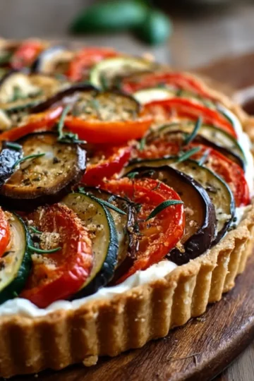 Tarte à la tomate avec aubergine et courgette sur fond de fromage frais