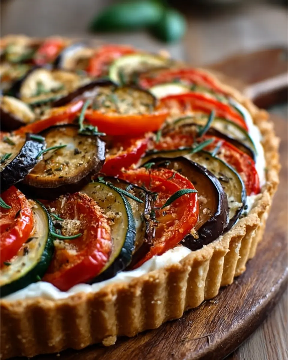 Tarte à la tomate avec aubergine et courgette sur fond de fromage frais